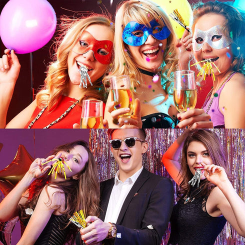 12 Pieces Gold Silver Glitter Noise Makers, Metallic Fringed Party Blowers for Birthday Graduation Events 2024