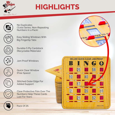 25 Pack MR CHIPS Jam-Proof Quick-Clear Deluxe Fingertip Slide Bingo Cards with Sliding Windows in Woodgrain Style