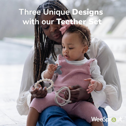 WeeSprout Handheld Teether Set (Matte Green, Pink & Off White)
