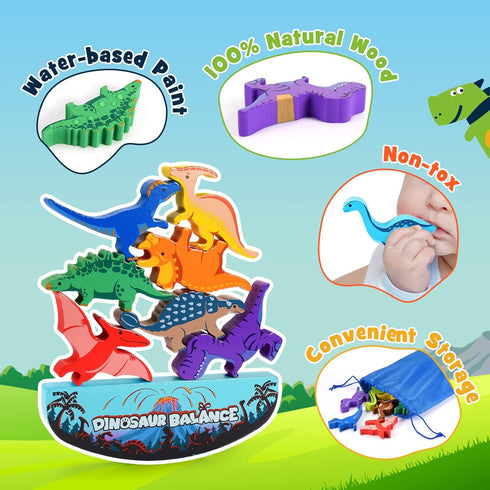 Dinosaur Toys for Kids 3-5, Wooden Stacking Montessori Toys, Balance Competition Game for Family Birthday Gifts