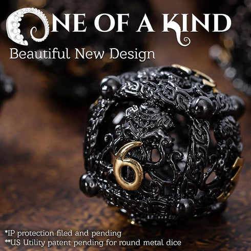 Metal DND Dice Set - Unique Round Hollow Orb Design for Better Rolling - Cthulhu Metal Dice for RPG (Black Gold)