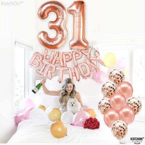 KatchOn Rose Gold 31 Balloons Pack of 12, 40 Inch Birthday Decorations for Women with Confetti Balloons