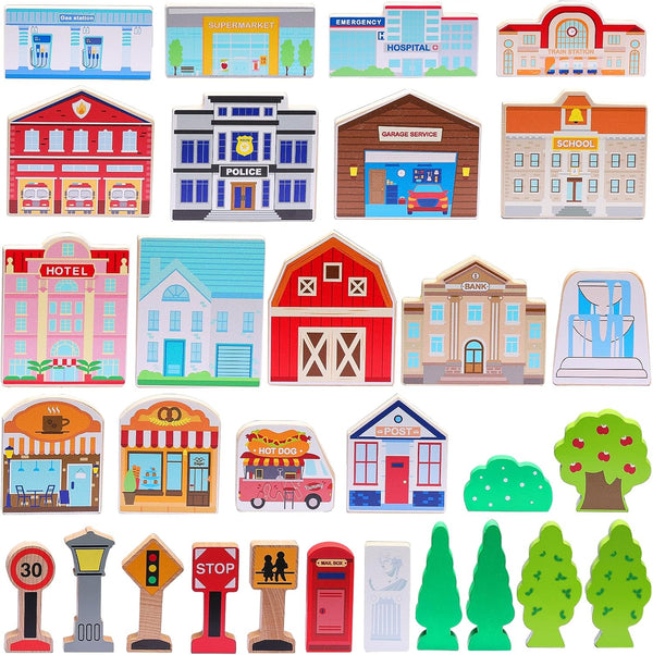 SainSmart Jr. 30 Pcs Wooden Town Play Set, Wooden Train Accessories, Community