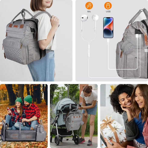 Shengmeister Backpack Baby Diaper Bag, with Changing Table, Unisex Baby Bag, with Diaper Pad, USB Charging Port