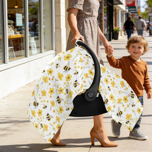 Dalzium Bumblebees and Yellow Flowers Car Seat Cover Baby, Carseat Canopy Cover for Girl Boy, Breathable Baby Carrier