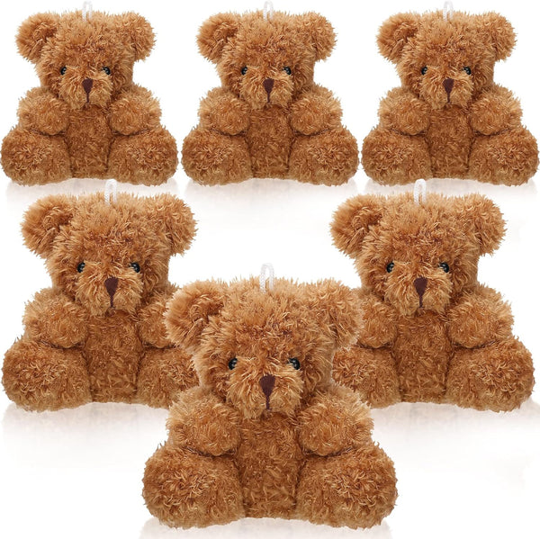 6 Mini Bear Plush Stuffed Animals - 4 Inch Brown Bulk Toys for Baby Shower Party Favors