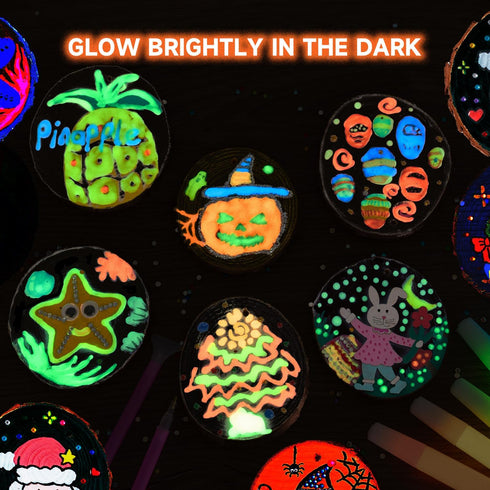5-12, Kids Wood Painting Craft Kit, Glow-in-the-Dark Paint and Diamond Painting on Wood Slices with Stickers & Wiggle
