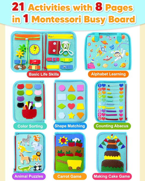 Exorany Busy Board Montessori Toys for Toddler Boy Girl Birthday Gifts, Busy Book Sensory Learning Toys for Toddlers
