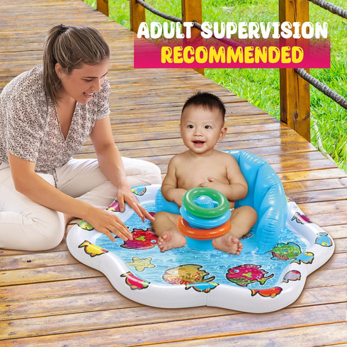 Bundaloo Inflatable Infant Pool Splash Mat with Backrest & Stackable Ring Toys - Summer Fun Activity for Baby Toddlers