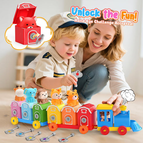2 3 4 5 Counting Set, 2-4 3-5 Animal Montessori Learning Toys for Year Old Kids, Toddler Animals Train Locks & Keys