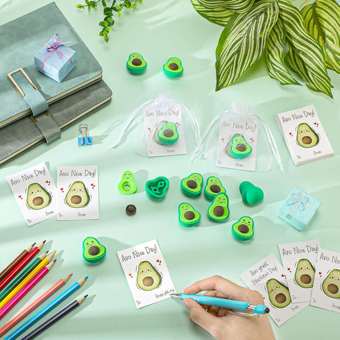 36 Sets Valentine Favors for Kids - Creative Avocado Eraser Fruit Pencil Erasers with Valentine's Day Cards
