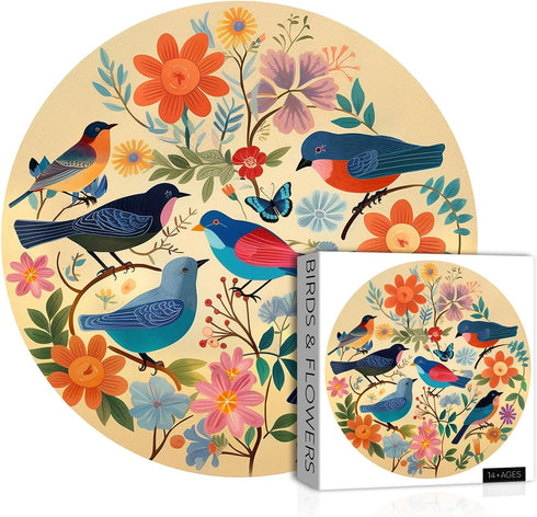 1000 Pieces Vintage Bird Puzzles for Adults - Round Flower Jigsaw Puzzle