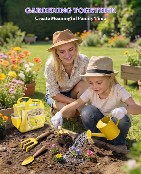 Floraxa 8Pcs Set 3 Kids Gardening with Metal Basket & Real Metal Tools, STEM Outdoor Kit, Ergonomic Wooden Handles