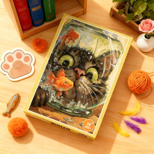 1000 27.56 19.68 Inches, Curious Cat Fish Jigsaw Puzzles Pieces for Adults -Challenging Funny Kitten Terrified Fish