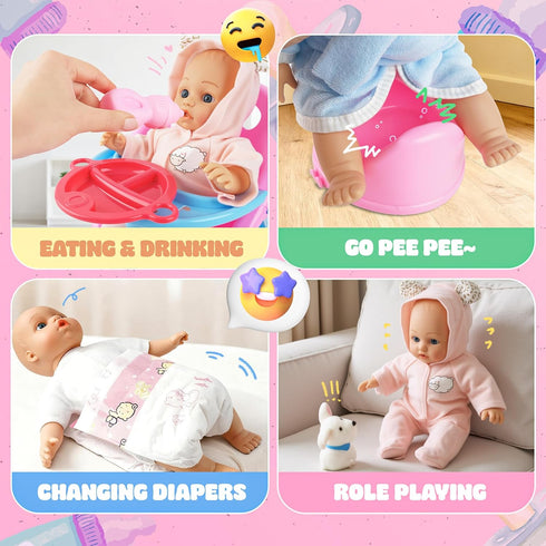Set 12 Inch Set 2+ SMILESSKIDDO Baby Doll Stroller Toy - Soft Body Dolls with Accessories Dining Chair, Doll Clothes