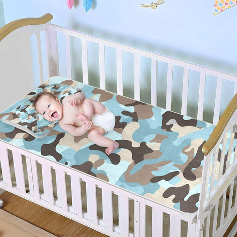 SyXIOP 28" 52" Camouflage Blue Cooling Baby Crib Mattress Cover x Absorbent Mattress Pads for Baby&Toddler