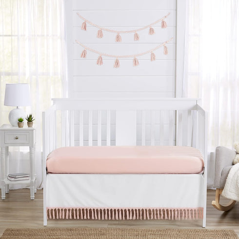 Sweet Jojo Designs Boho Bohemian Girl Baby Crib Bed Skirt Nursery Dust Ruffle - Blush Pink and White Farmhouse Shabby
