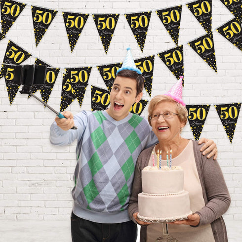 Blulu 5 Pack 50th Birthday Party Pennant Banner - Black Golden 50 Years Triangle Flag Party Accessory