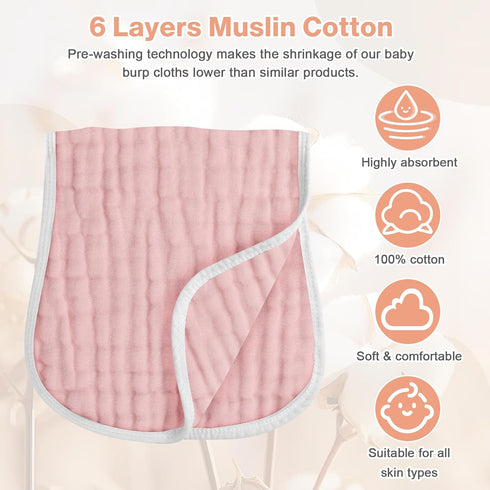 Set 6, 20'' 10'' MUKIN Baby Muslin Burp Cloth of Ultra Soft Absorbent Thick Cotton Burping Cloths for Unisex Newborn
