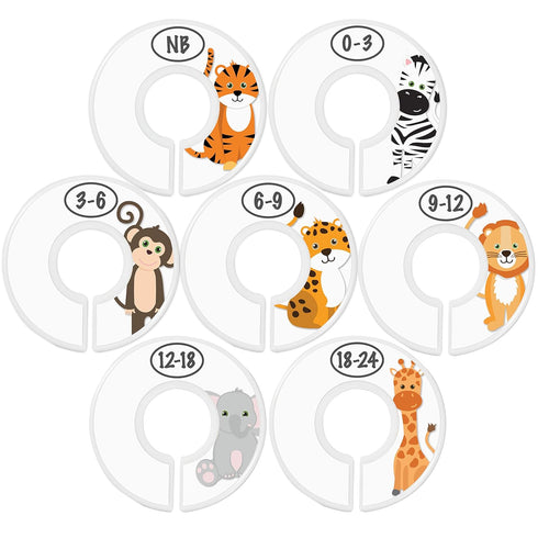 Baby Closet Size Dividers - 7X Safari Nursery Closet Dividers for Baby Clothes - Elephant Giraffe Zebra Lion Monkey