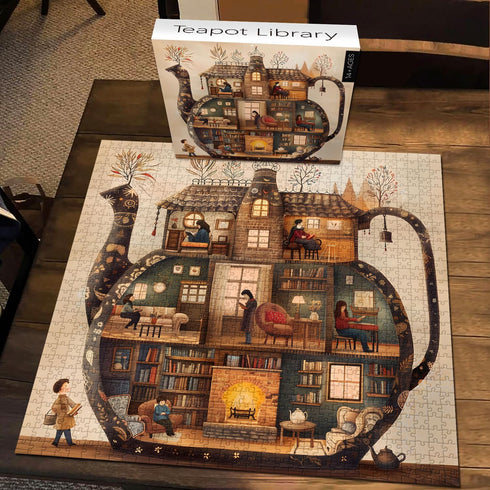 PICKFORU 1000 Teapot Library Puzzles for Adults Pieces, Vintage Bookshelf Book Puzzles Room Art, Difficult Unique