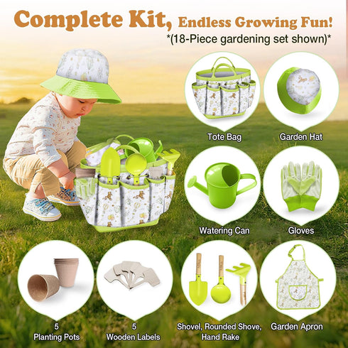 Set 18PCS Set Kids Gardening Tool Kids Toddler Gardening Includes Tote Bag Watering Can Apron Hat Rake Shovel Spoon