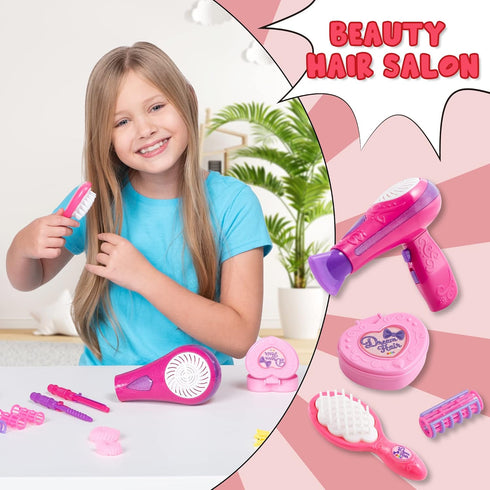 JOYIN 17Pcs Girls Beauty Salon Set, Pretend Play Doll Hair Stylist Toy Kit with Accessories