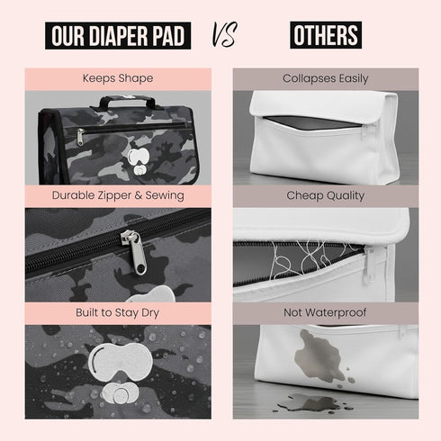 Black Grey Baby Camo Portable Diaper Changing Pad Waterproof Foldable Travel Mat with Pockets Soft Oxford Fabric