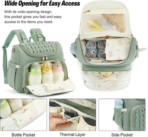 Kouxunt Backpack, Small Diaper Bag Quilted Mini Baby Crossbody Diaper Bag Tote for Mom (Matcha Green)