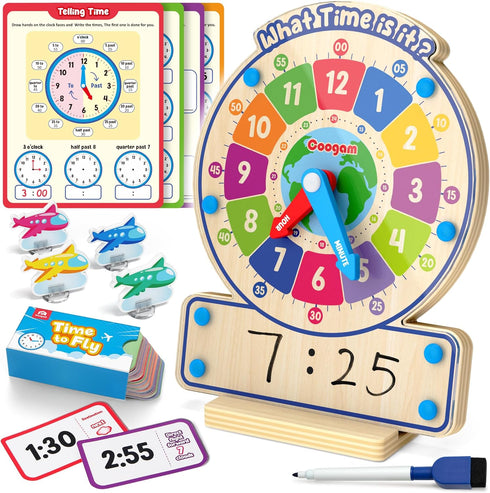 Coogam Wooden Clock Teaching Time Toy, Analog Digital Clock with Fly-Telling Time