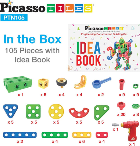 Picasso Toys STEM Learning Toys 105 Piece Building Block Set, Kids Construction Engineering Kit with IdeaBook