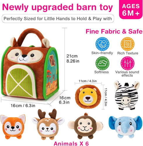 6 6-12 1-3 Soft Baby Sensory Toys - Squirrel Barn with Stuffed Zoo Animals - Rattles, Crinkles, Squeak, Mirror