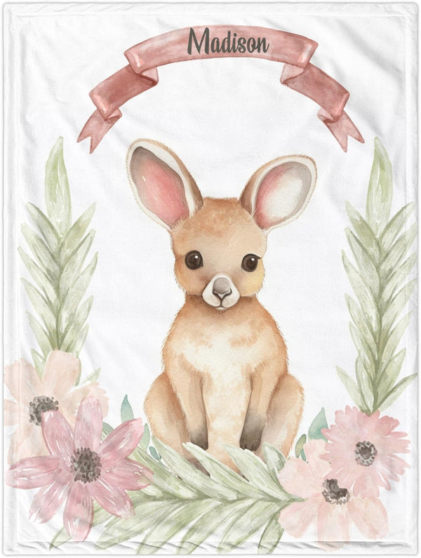 Novusopt Personalized Kangaroo Baby Blanket with Name, Floral Toddler Girl Soft Plush Receiving