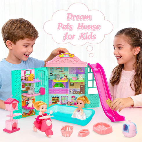 randhar Set, 31PCS 2Dolls, 6Little 3+ Dollhouse of Pets Toy Play Foldable Pets Doll House with Includes Motor, Pool