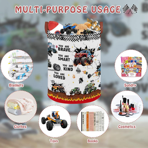 Monster Trucks Laundry Hamper Basket Kid Gift Toy Bin Empty Car Nursery Decor Hamper,Storage Basket Collapsible Clothes