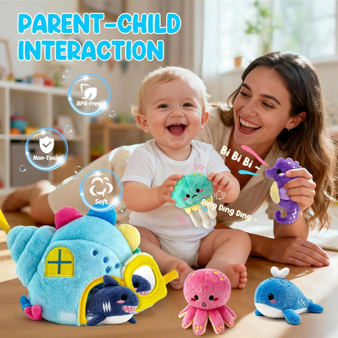pamexin 6-12 Set 1 5 6+ Baby Toys Months, Ocean Stuffed Animals with Conch House and Sea Creatures, Rattle, Lanyard