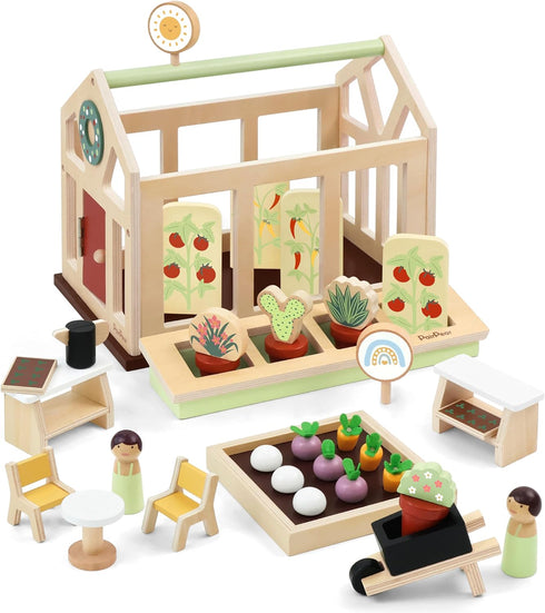 PairPear Flower Garden Toy Greenhouse Playset, Toddlers Wooden Dollhouse Garden Toys, Pretend Play Food Set for 3 Years