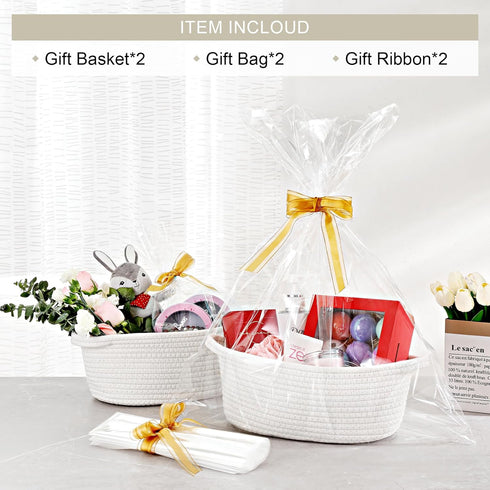 2 Pack Small Woven Basket with Gift Bags and Ribbons, Empty Decorative Gift Chest Box, Cute Baby Gift Basket for Nursery, Cotton Rope Room Shelf Storage Basket with Handles, All 12"x 8"x 5",White by LANDNEOO