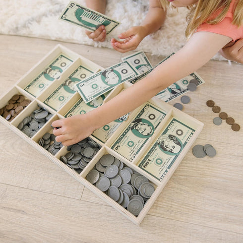 Melissa & Doug Play Money Set: Educational Toy with 50 Paper Bills, Plastic Coins, and Wooden Cash Drawer
