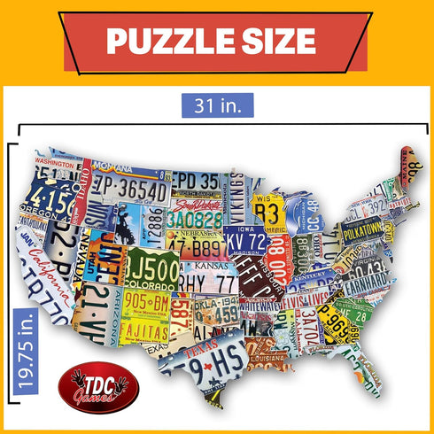 USA License Plate Map 1000 Piece Jigsaw Puzzle - Cool Wall Art in the Shape of the US - 31 inches long