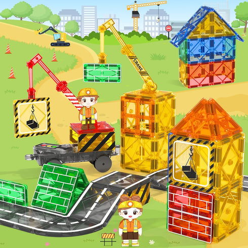 Kids Games Magnetic Tiles with 2 Cranes Construction Toys Set for Boys Girls Ages 3-13, Outdoor Sensory Toys