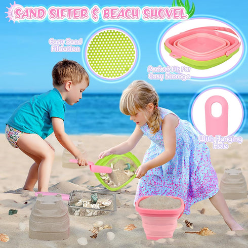 FHOZGECY Beach Toys, Sand Toys with Collapsible Bucket, Sand Sifter, Beach Mesh Shovel, Shark Tooth Sifter and Mesh Bag