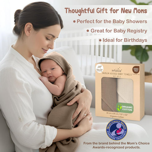 100% 32x32 Inch 2 Pack Organic Cotton Muslin Baby Hooded Towels Soft & Absorbent Hooded Baby Towels For Boys & Girls