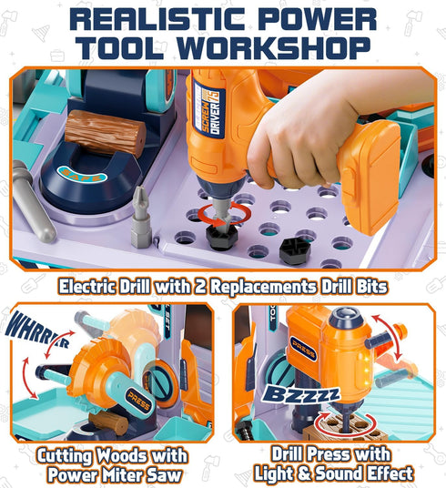 (32.5 Inches Set 2-in-1 Toolbox, 3-5, Lehoo Castle Kids Tool Bench Tall), Toddler Tool with Electric Drill, Workbench
