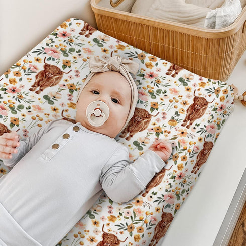 Highland Cow Boho Floral Changing Pad Cover for Baby Girls, Soft Stretchy Fitted Diaper Change Table Covers 32"/34" x
