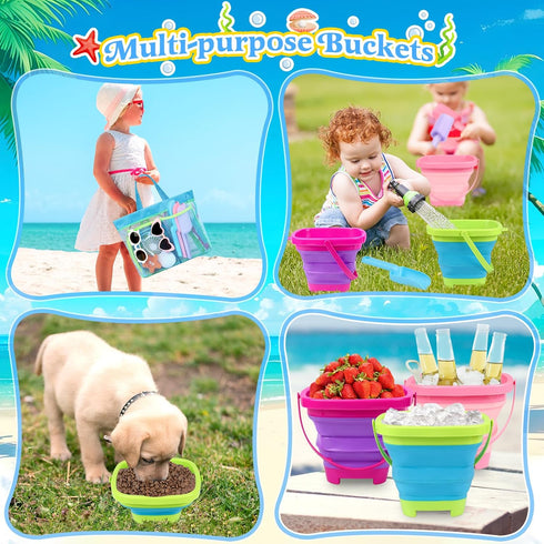 Collapsible Beach Buckets for Kids, Foldable Sand Buckets and Shovels with Mesh Bag, Silicone Sand Pails Travel Beach