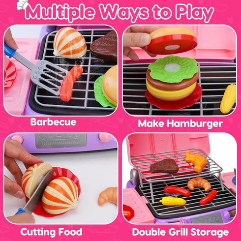 Playset 3-5 4-8 3 4 5 Kids BBQ Grill with Coooking Apron Hat Toddler Girl Pink Kitchen Toy Ages Pretend Smoke Sound