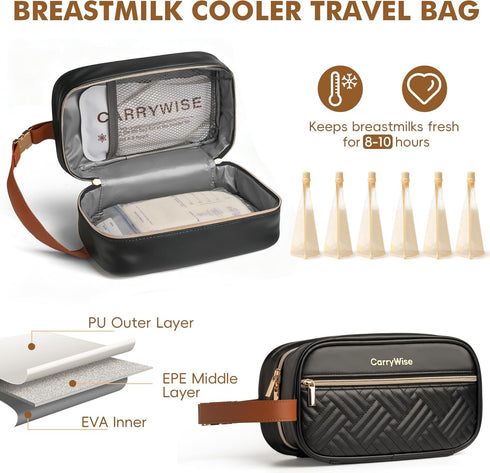 CarryWise 8+ 3 Packs Black Breast Milk Cooler Bag Large Capacity, Keeps Milk Cold Hours, Waterproof Insulated Travel