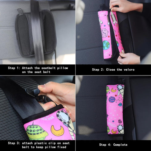 Car Seat Belt Pillow for Kids with Clips, Seat Strap Belt Covers Pad Cushion for Toddlers (Space Pink)
