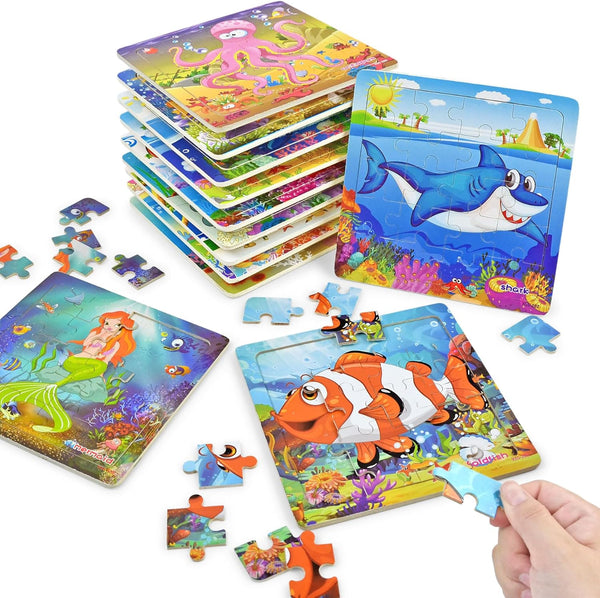 Vileafy 12Pack Sea Animals Wooden Jigsaw Puzzles, 20 Pieces Each, Party Favors for Kids Age 4-8